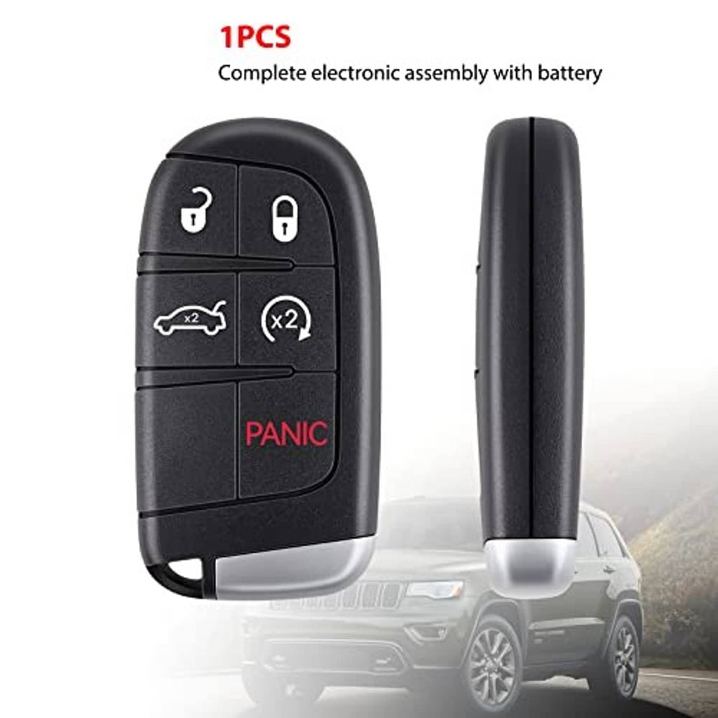 Black remote key fob with lock, unlock, trunk, and panic buttons, with side profile
