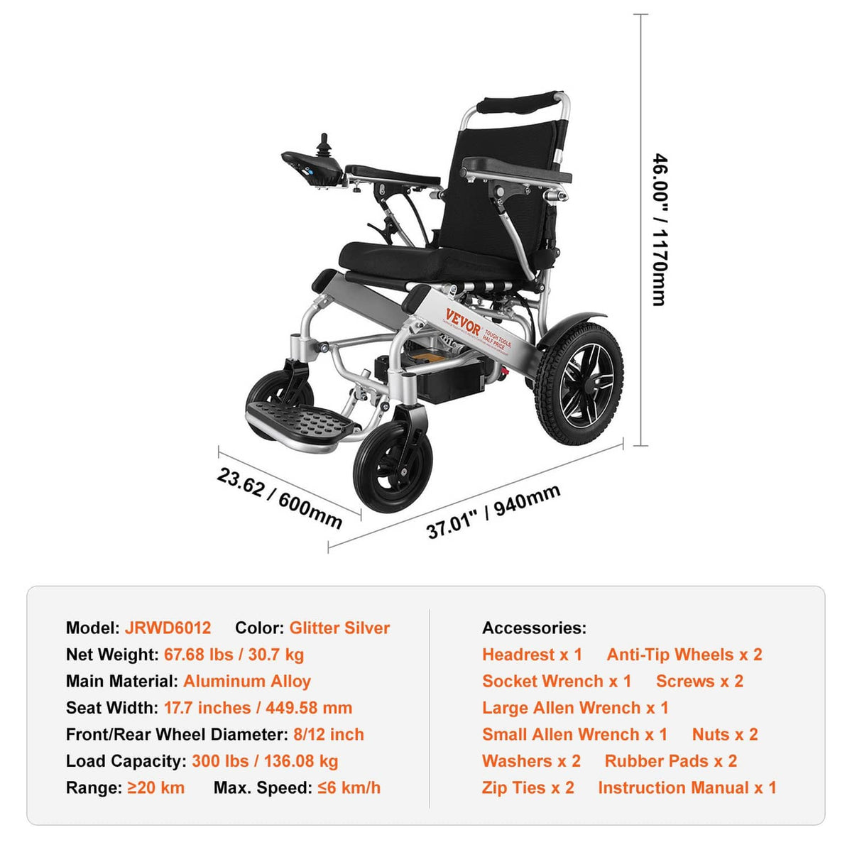 Foldable electric reclining mobility wheelchair with silver frame and black seat
