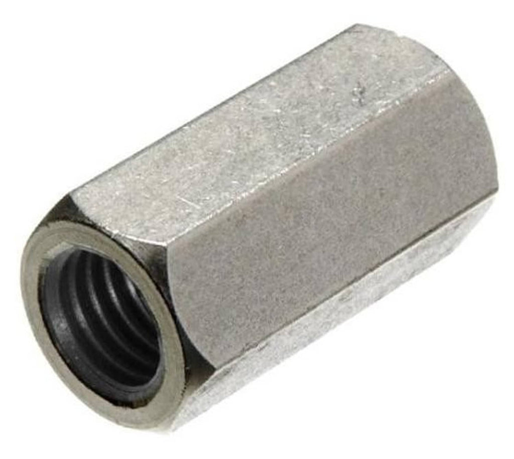 Stainless steel coupling nut with internal threads, hex-like body, side view.