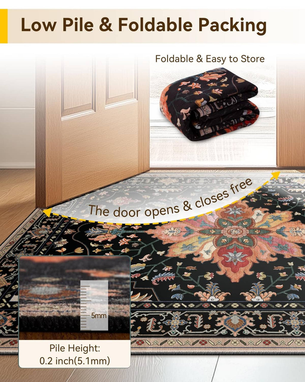 Folded black rectangular area rug with multicolor floral pattern for easy storage