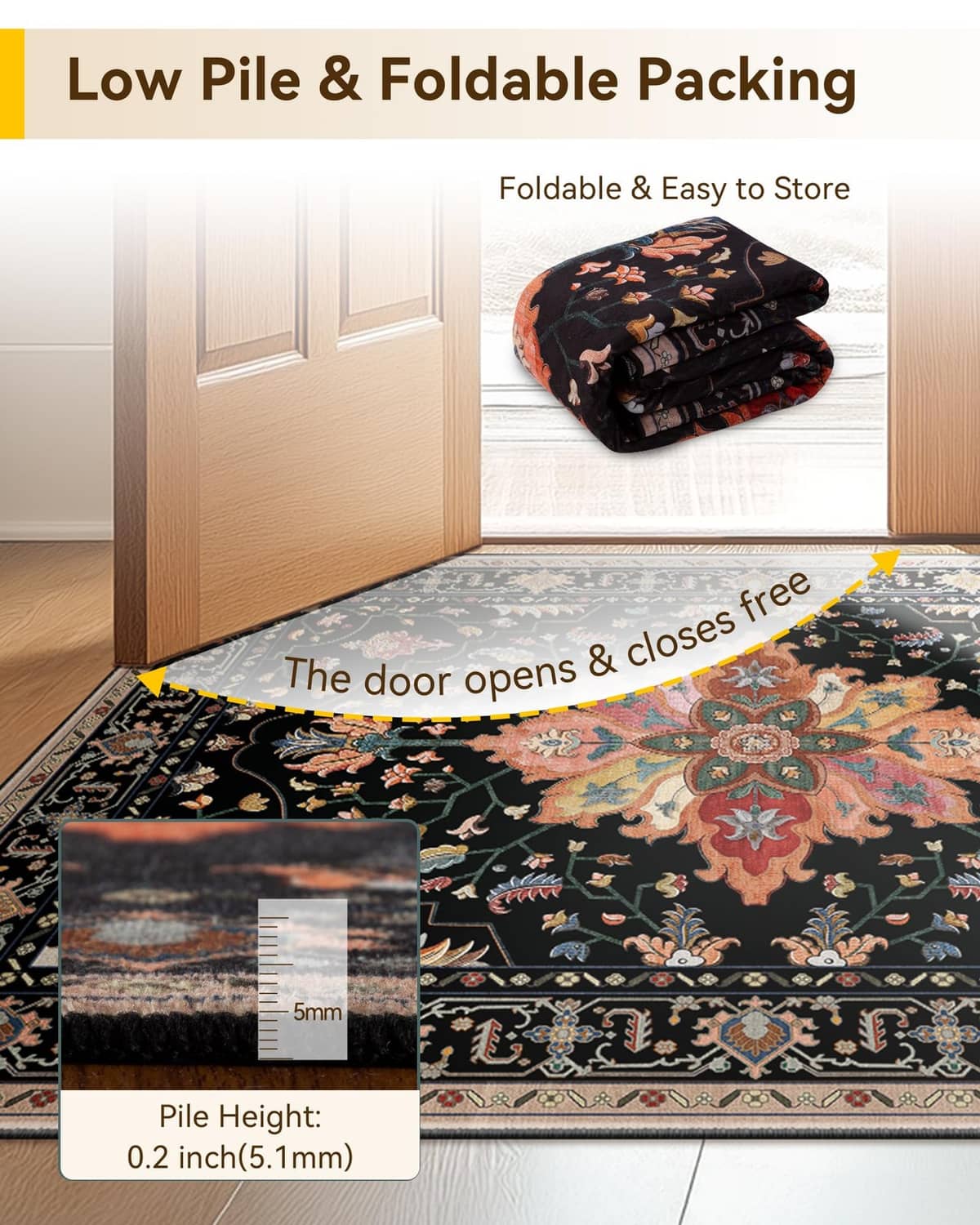 Folded black rectangular area rug with multicolor floral pattern for easy storage