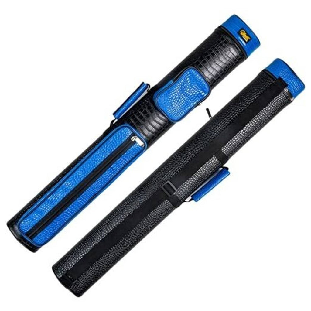 Two-cue hard pool cue case with blue-and-black textured exterior and zip compartments
