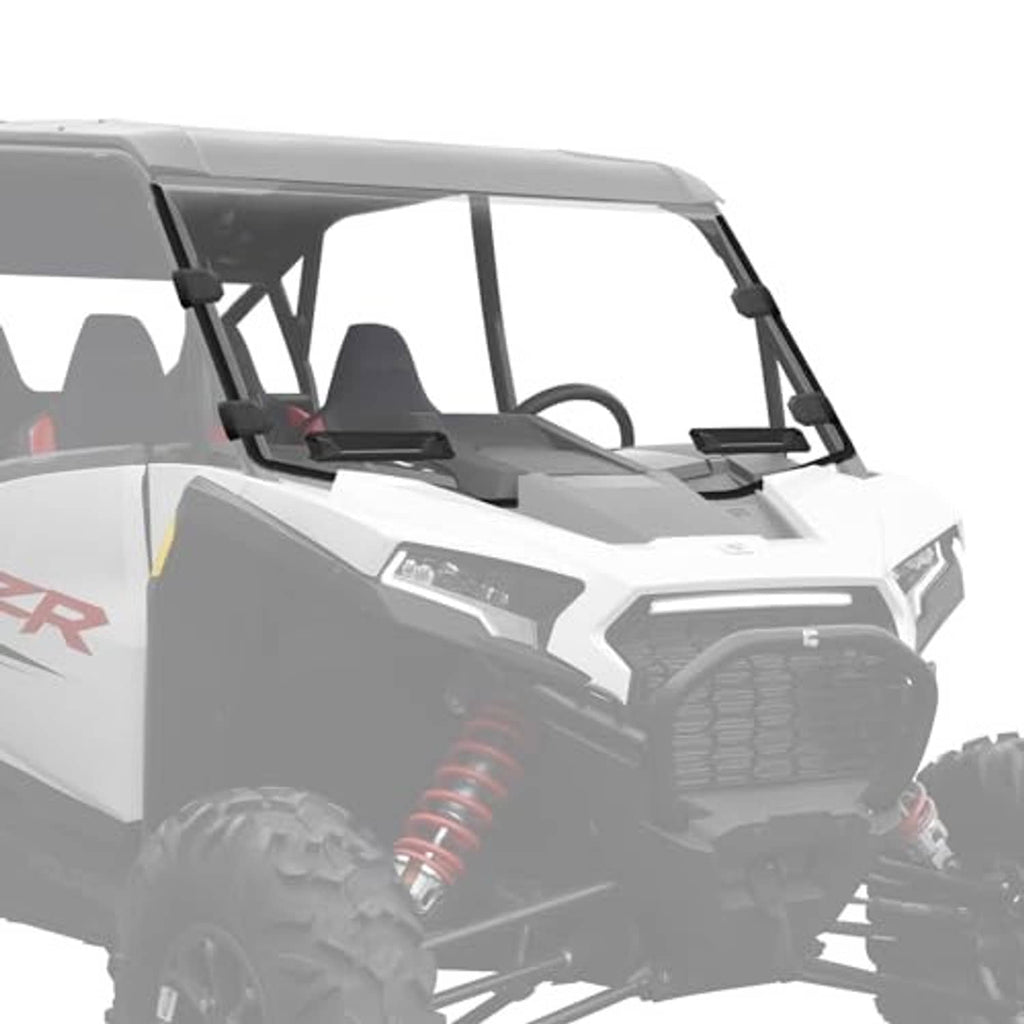 Clear windshield panel with black support posts for UTV front cab protection