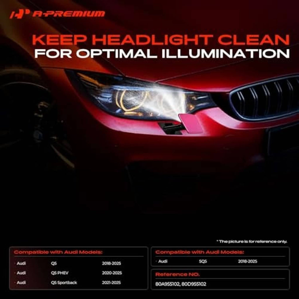 Car front headlight with washer spray effect for cleaning and visibility