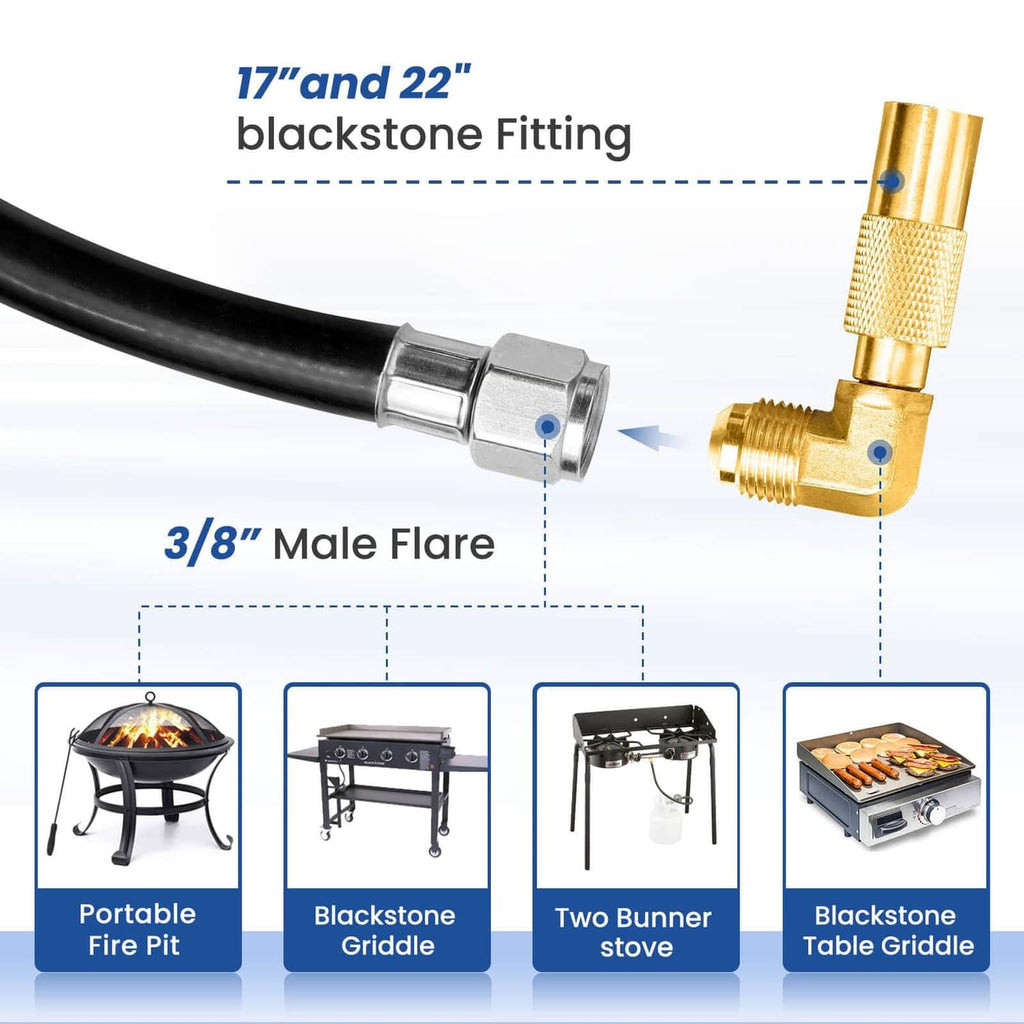 Propane adapter hose with regulator showing metal flare connector and brass valve end