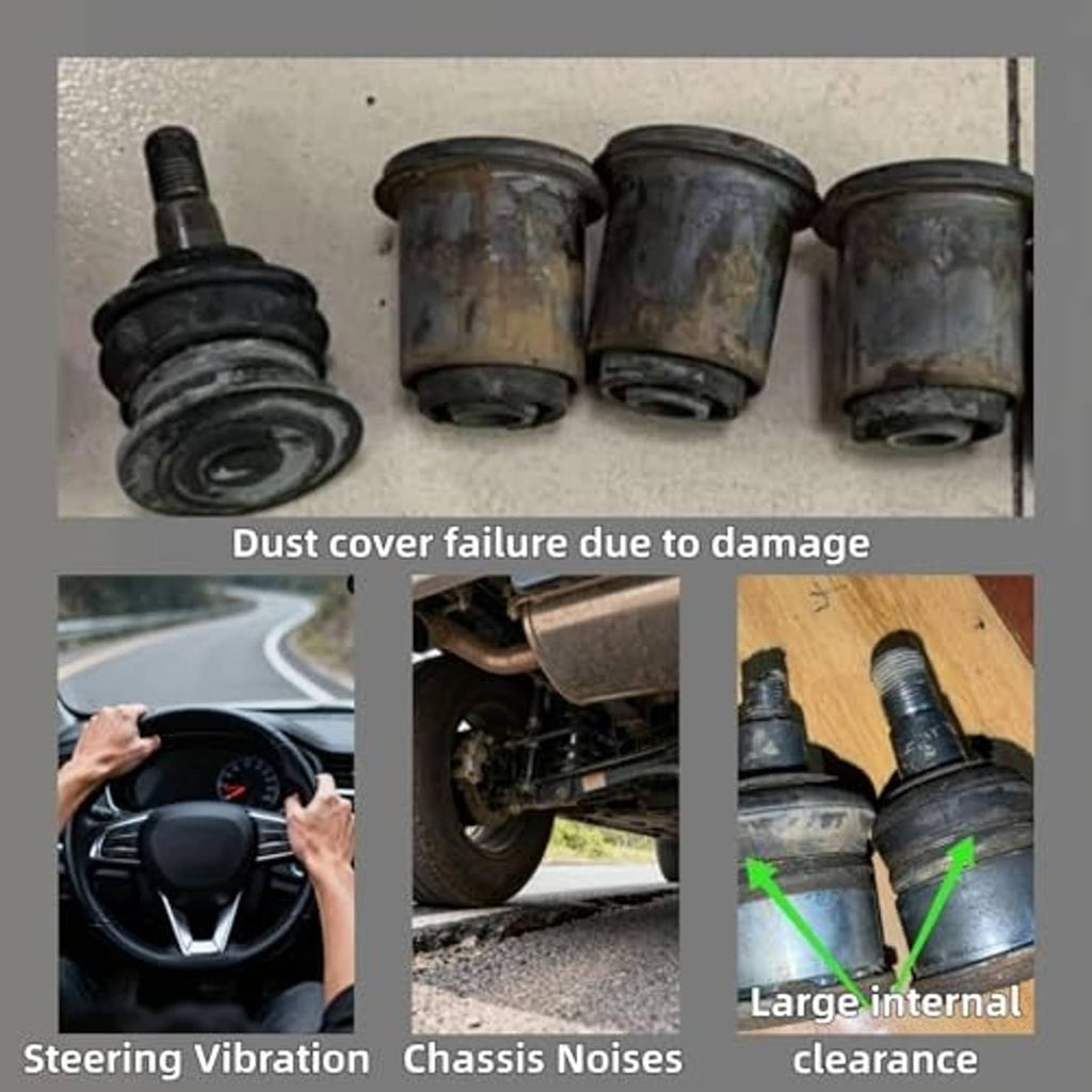 Four black ball joints with rubber dust covers; dust cover failure example