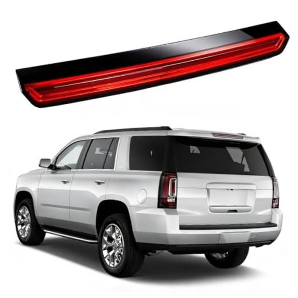 LED high mount third brake light with red light bar on black housing for rear tailgate