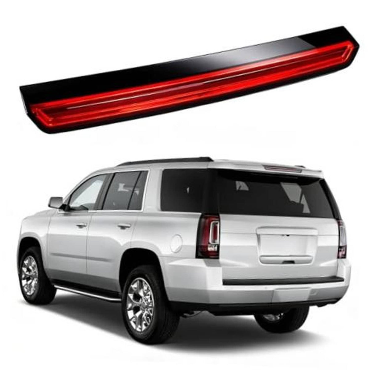 LED high mount third brake light with red light bar on black housing for rear tailgate