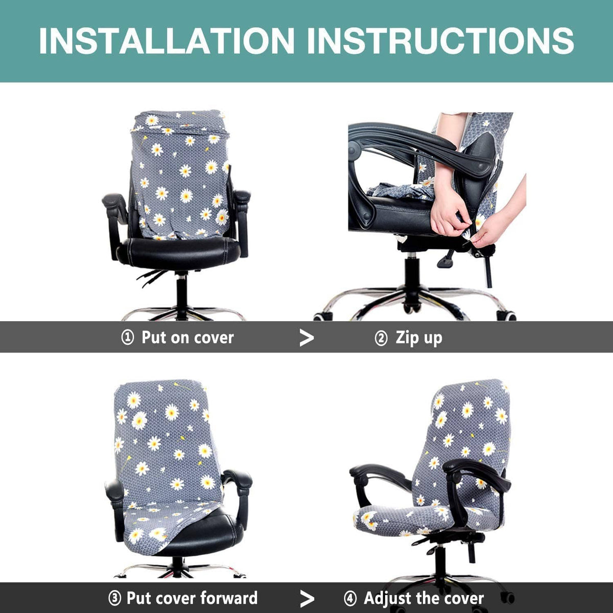 Installation steps for black office chair cover: put on, zip up, adjust fit