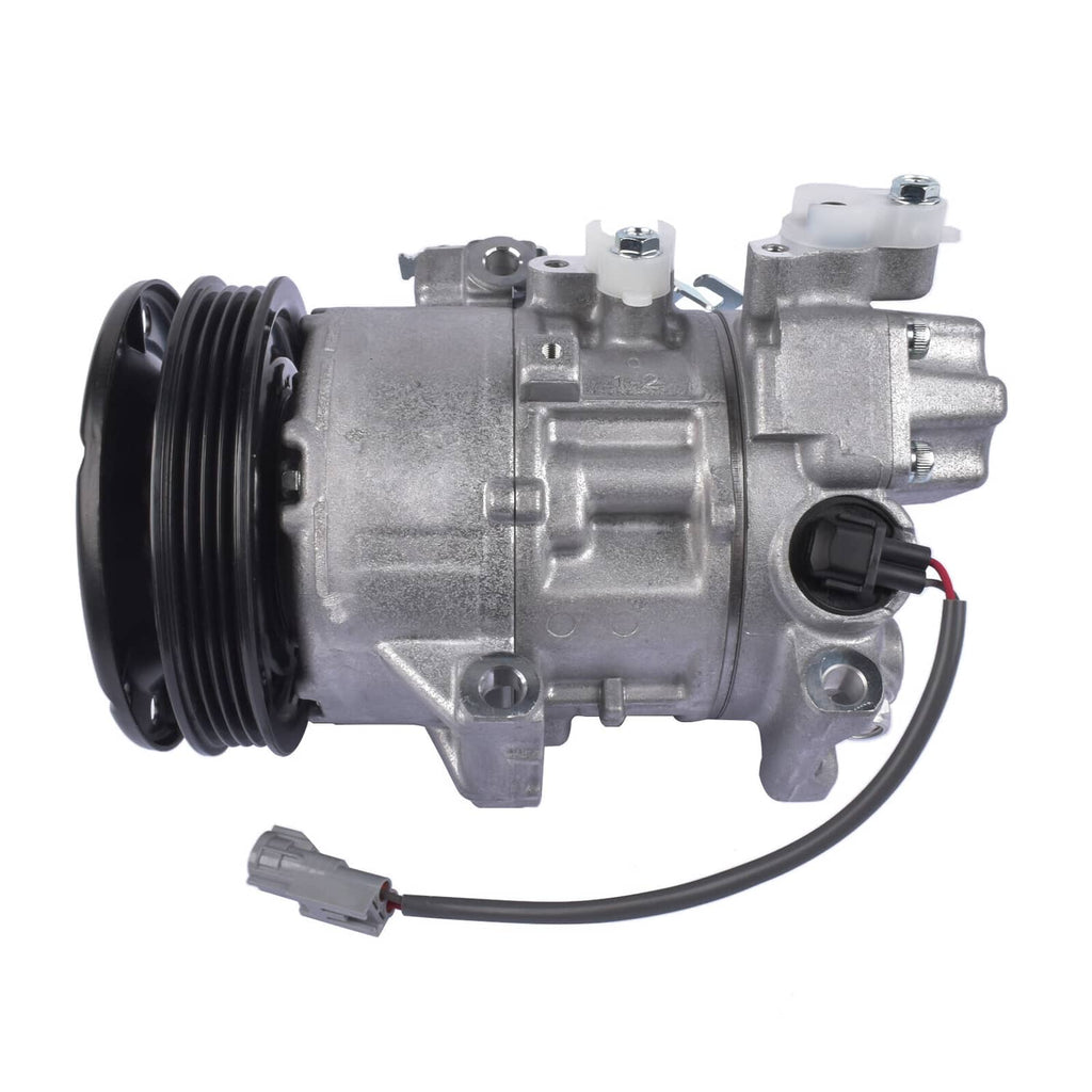 A/C compressor with silver housing and black pulley, side view with electrical wire pigtail