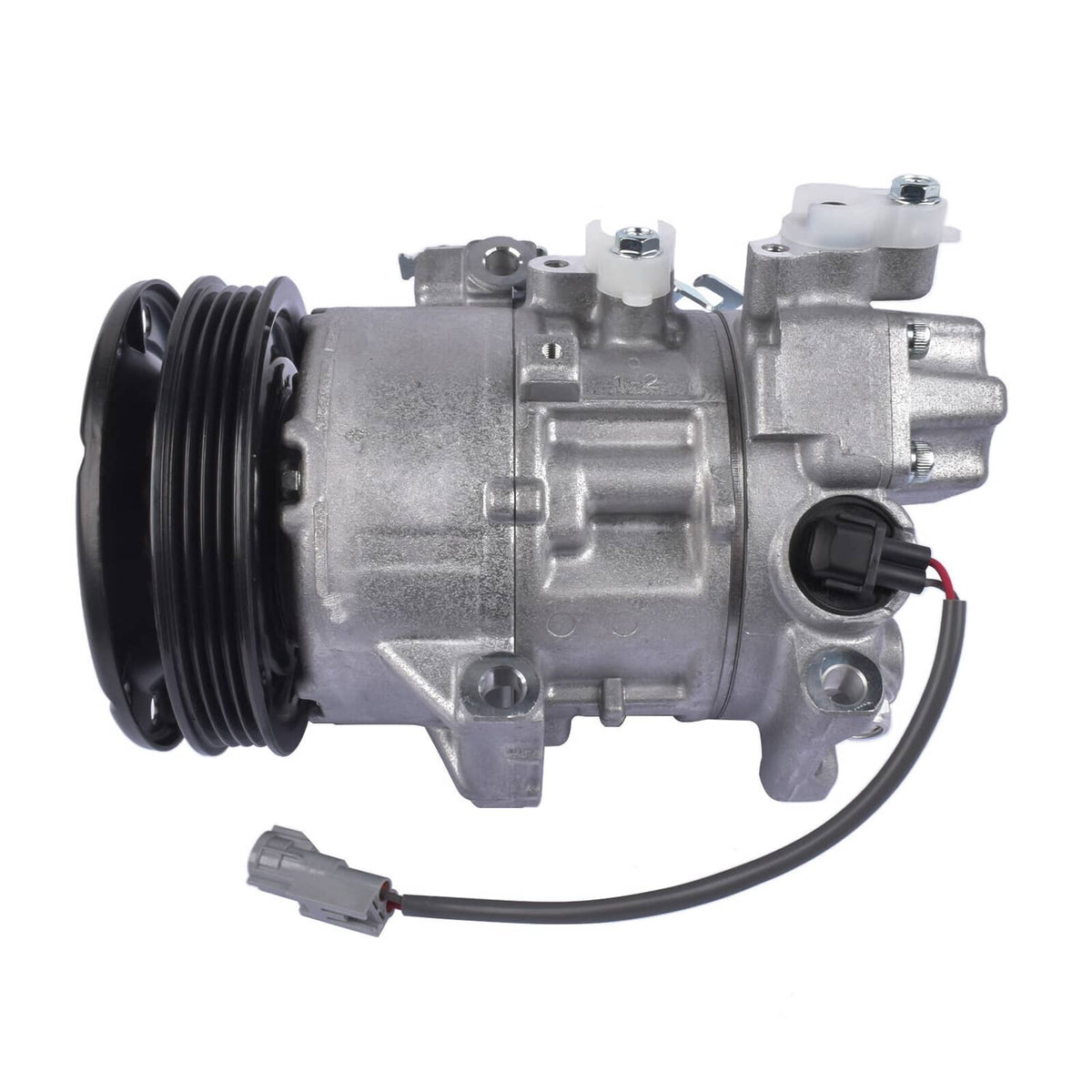 A/C compressor with silver housing and black pulley, side view with electrical wire pigtail