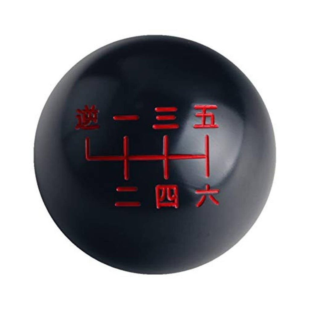 Black 6-speed shift knob with red Japanese numerals and shift layout, front view.