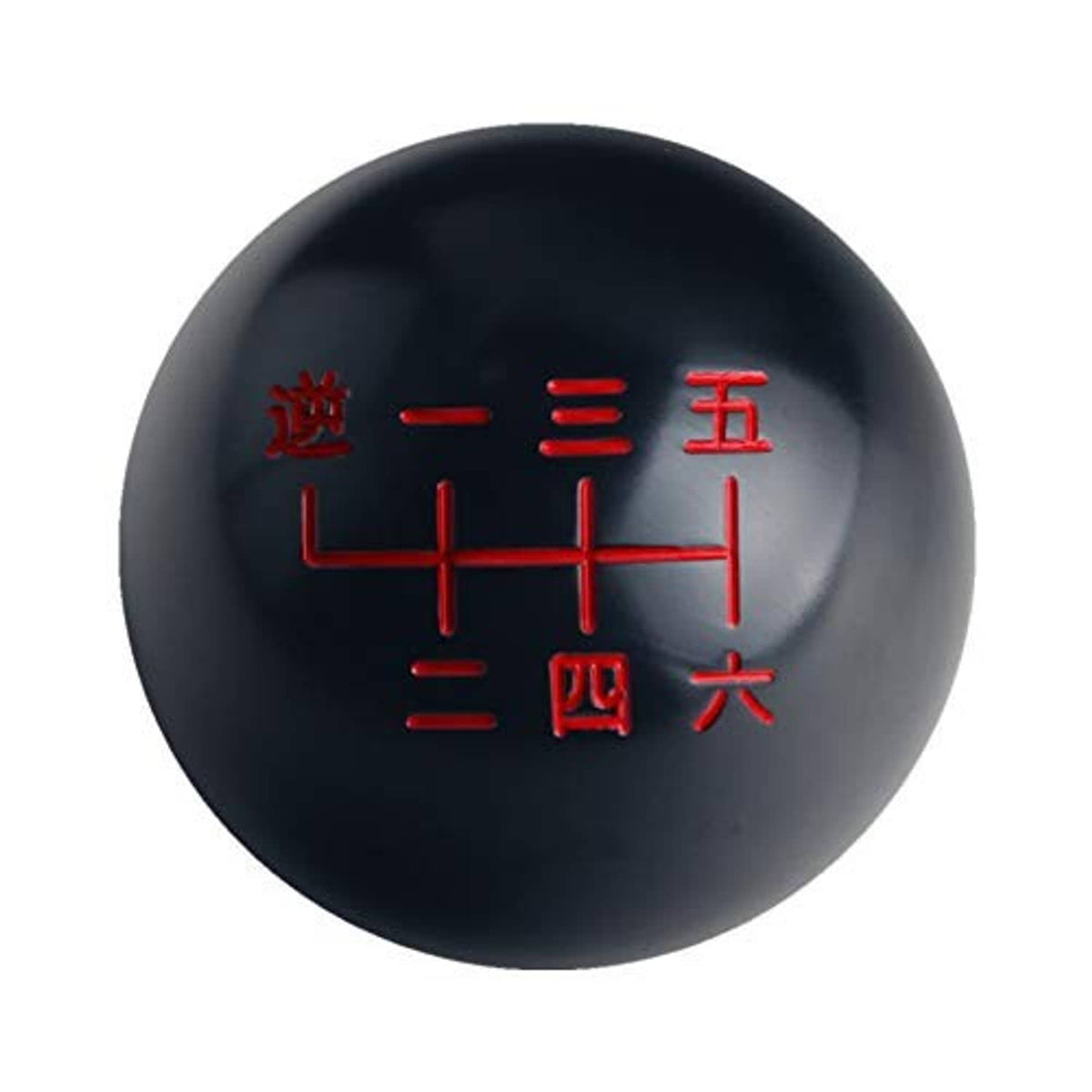 Black 6-speed shift knob with red Japanese numerals and shift layout, front view.