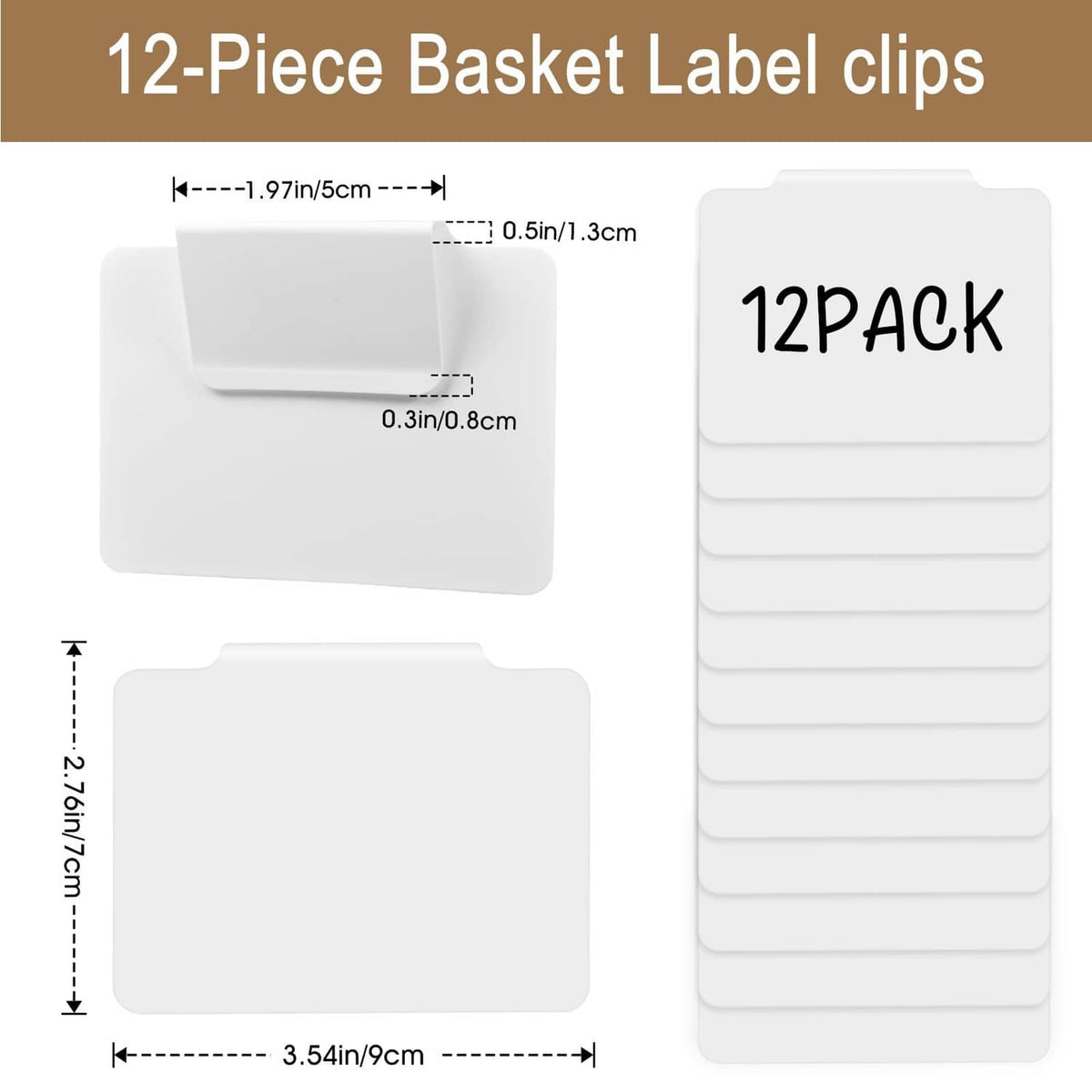 White PVC basket label clips with stacked 12-pack and size diagram, rounded cards