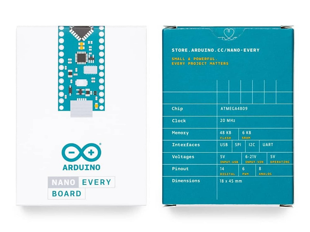Arduino Nano Every board packaging box and sleeve with circuit graphic and specs