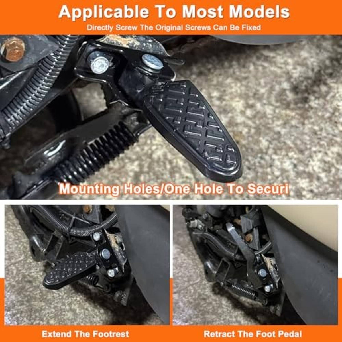 Mounted scooter foot pedals with textured non-slip steps and metal bracket, springs visible