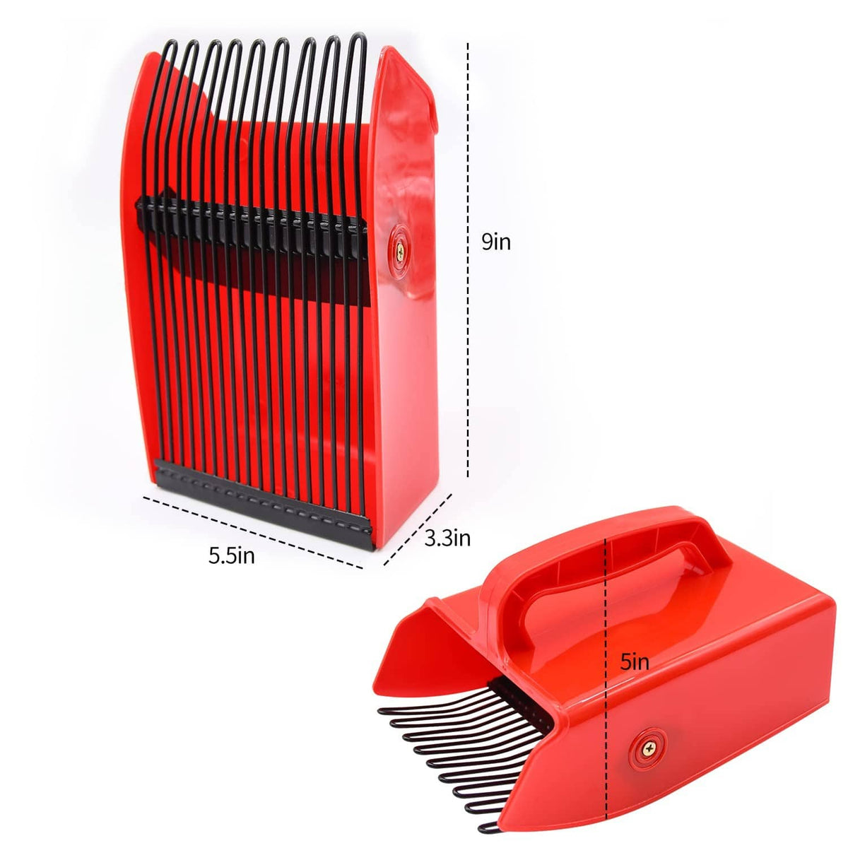 Red berry picker rake with metallic comb teeth, compact size