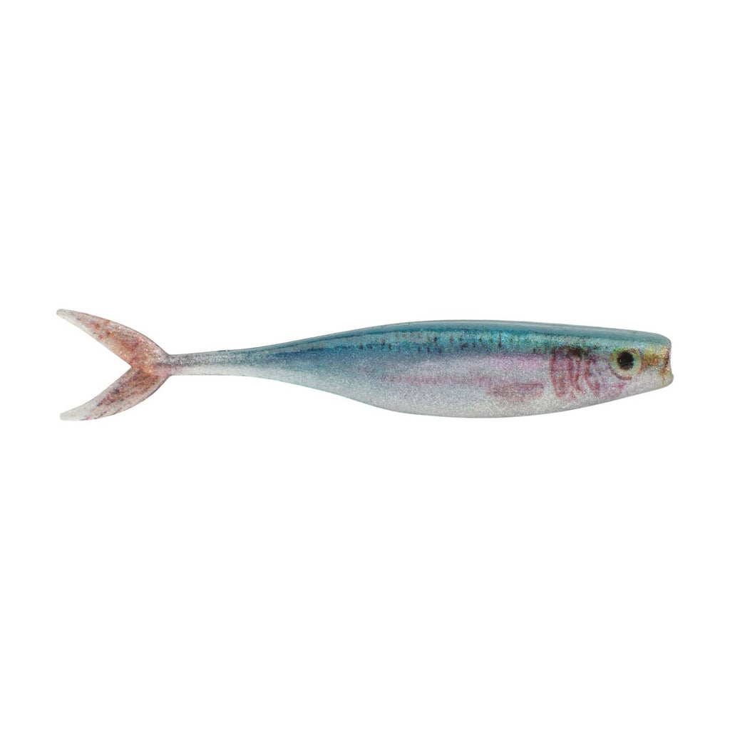 Soft minnow fishing lure in blue-green emerald shiner color with forked tail