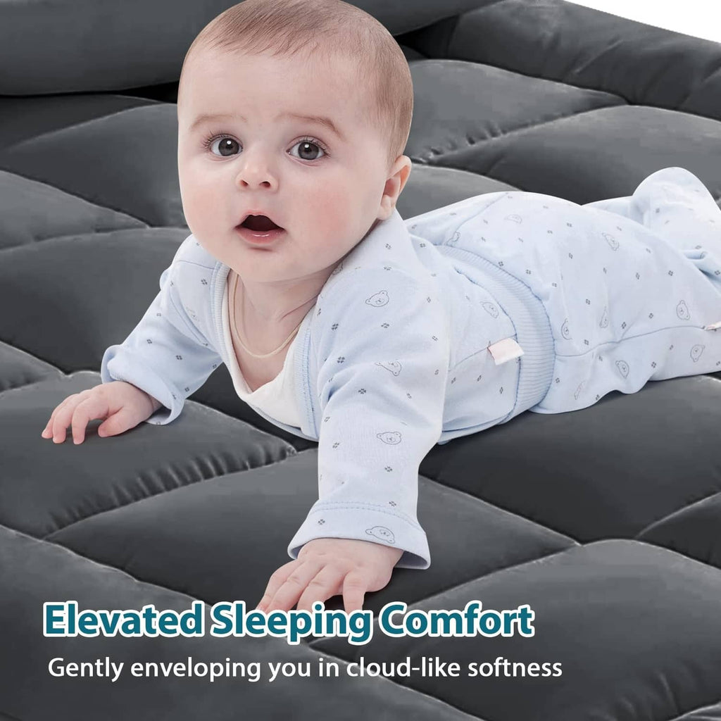 Grey soft mattress topper surface with cushioned, quilted comfort top