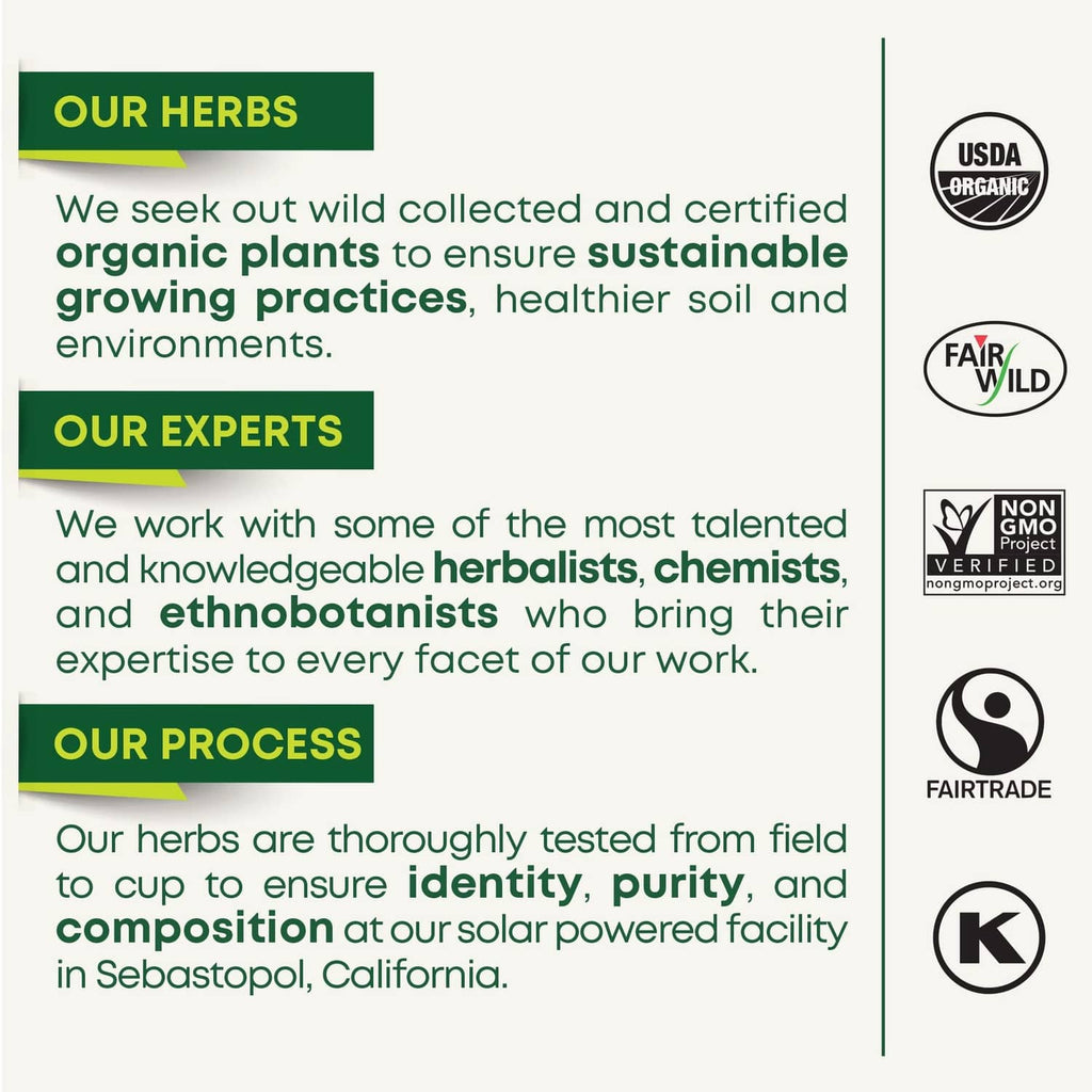 Herbal tea box back panel with USDA organic, FairWild, and non-GMO verified logos