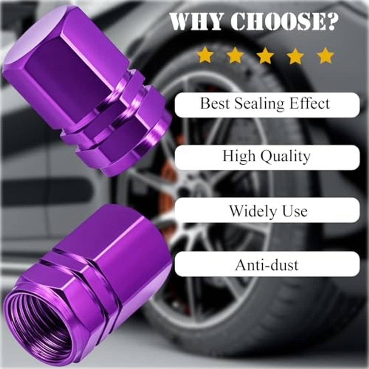 Purple aluminum tire valve stem caps with rubber O-ring, pair close-up.