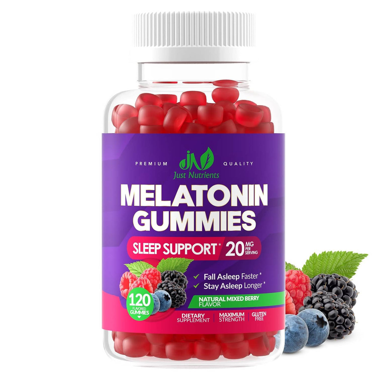 Melatonin gummies bottle with white cap, red berry-style gummies visible
