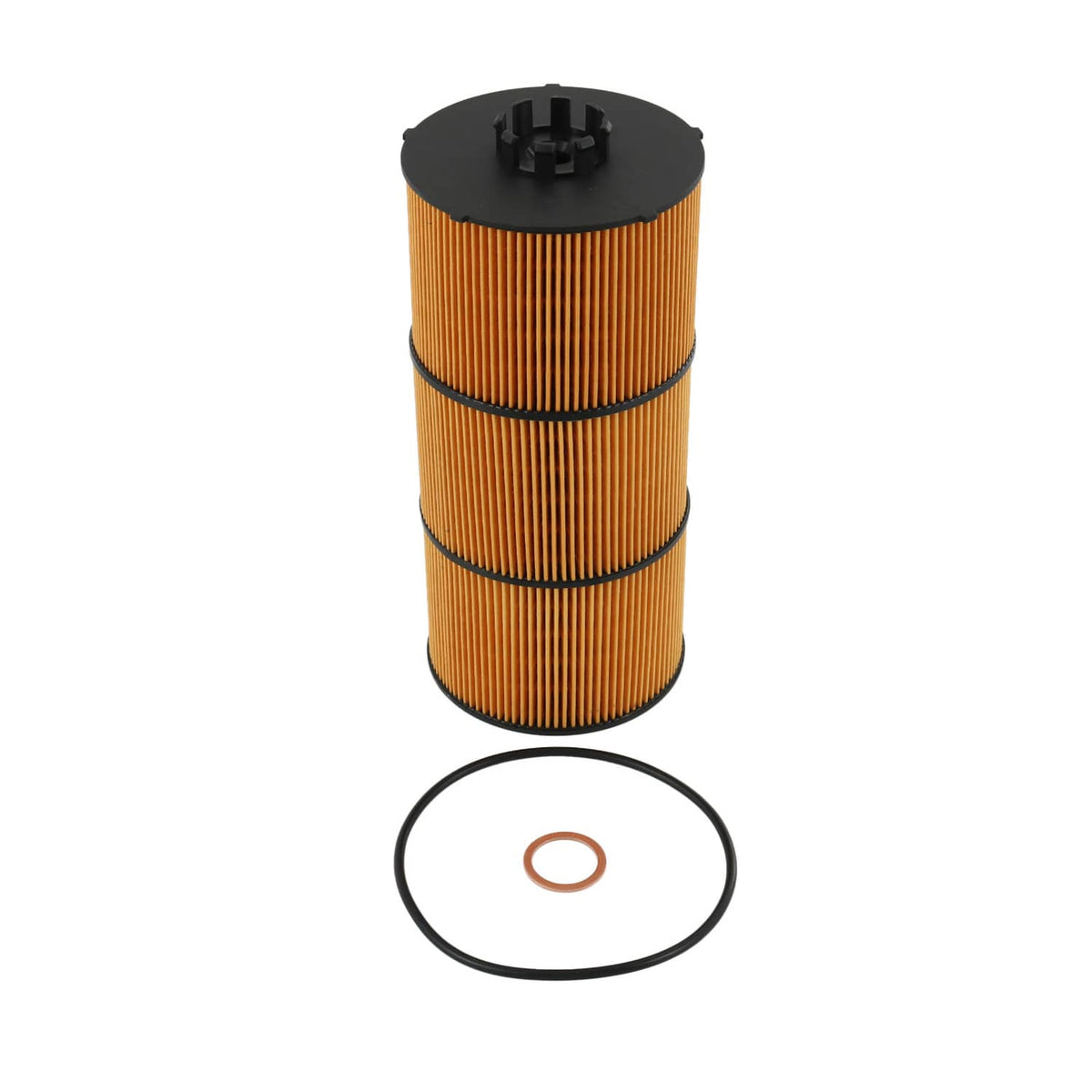 Oil filter cartridge with orange pleated media and round gasket