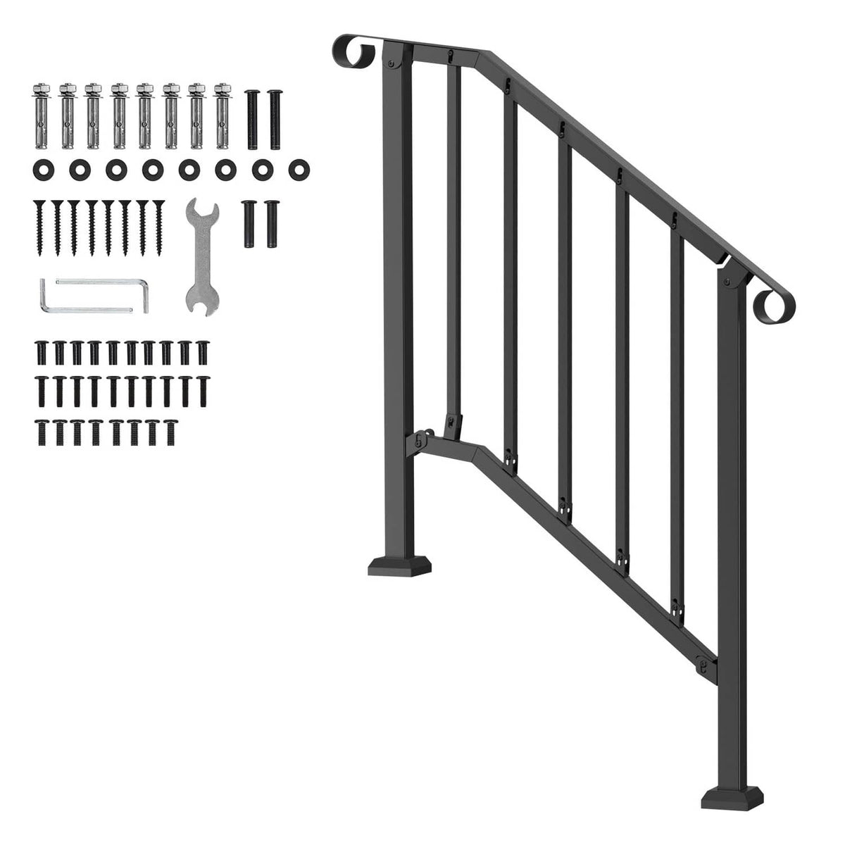 Black outdoor stair handrail kit with fasteners, bolts, and mounting tools