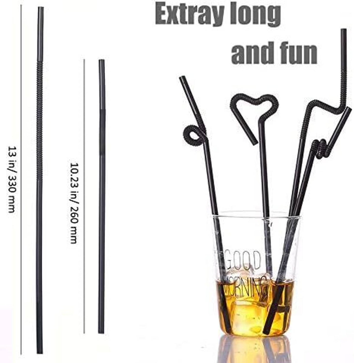Extra-long black drinking straws with length markings and heart-shaped curly tips