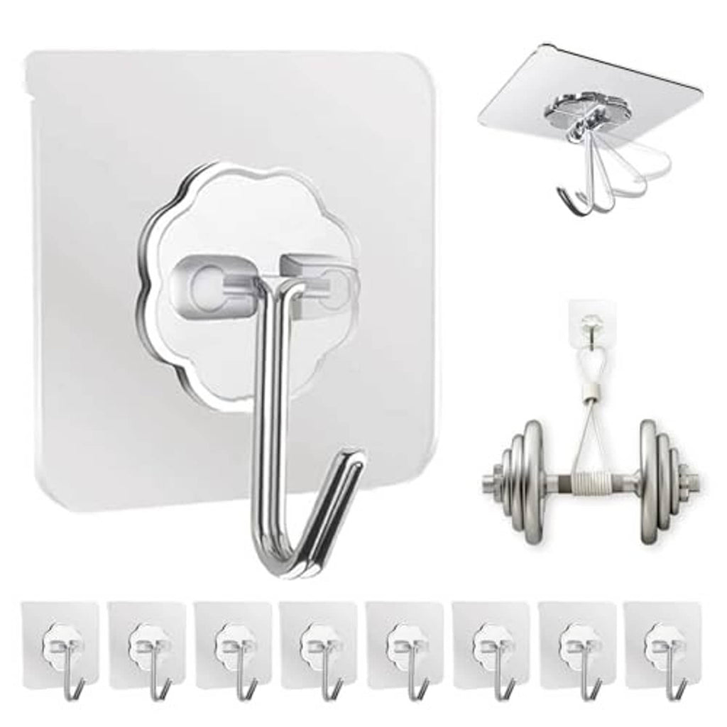 Adhesive wall hook with chrome J-style hooks on a white backing plate, shown with accessories