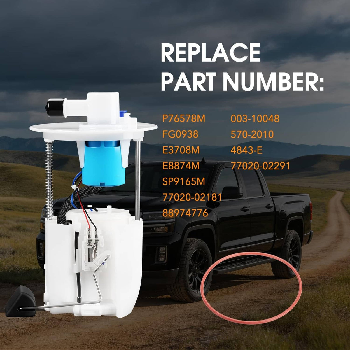 Fuel pump module assembly with white housing, blue pump, and red sealing hose