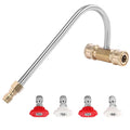 Pressure washer gutter cleaner attachment with red/white nozzles and curved metal wand
