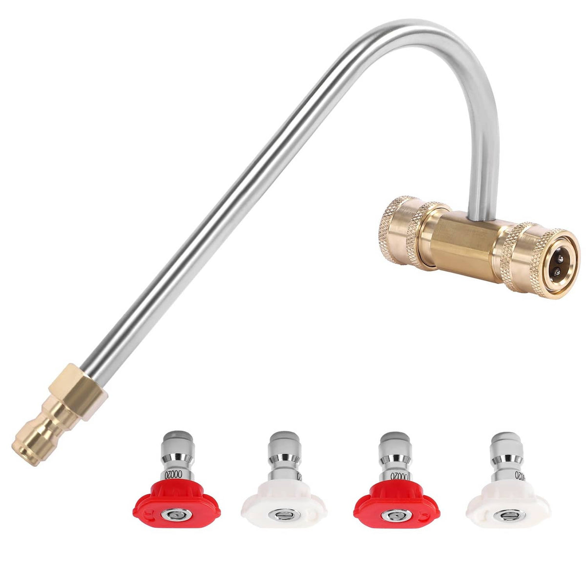 Pressure washer gutter cleaner attachment with red/white nozzles and curved metal wand