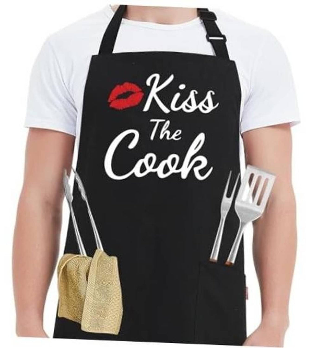 Black apron with adjustable neck strap, “Kiss the Cook” lips graphic, and front pocket