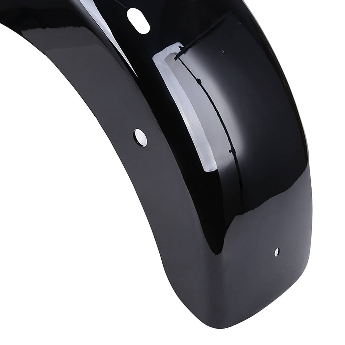 Rear fender extension end profile with glossy black finish and mounting hole