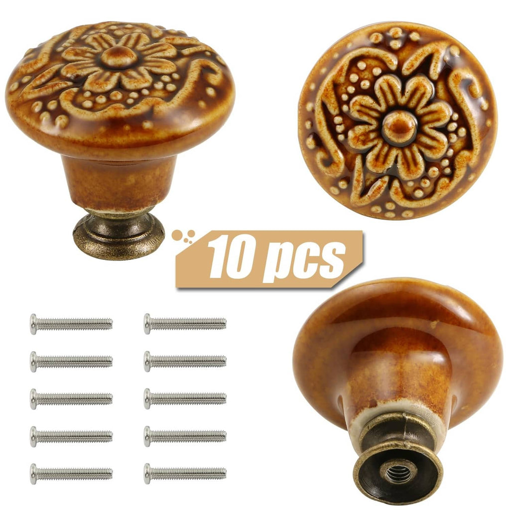 Brown ceramic flower drawer knob with antique metal base and mounting screws