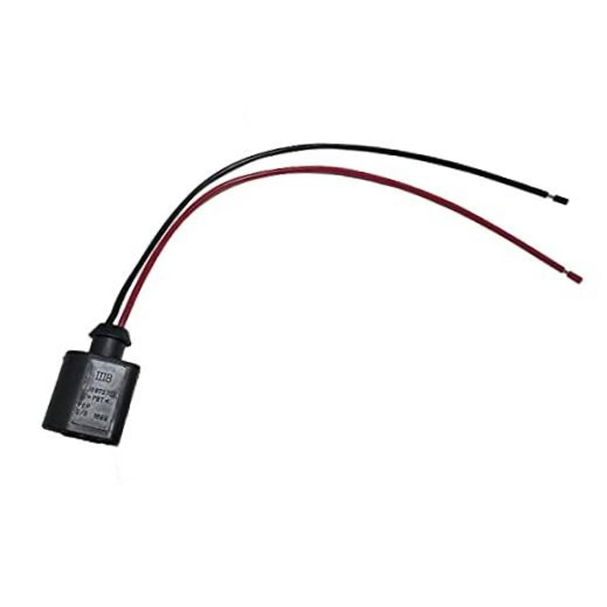 2-pin electrical pigtail connector with black housing and red/black wire leads