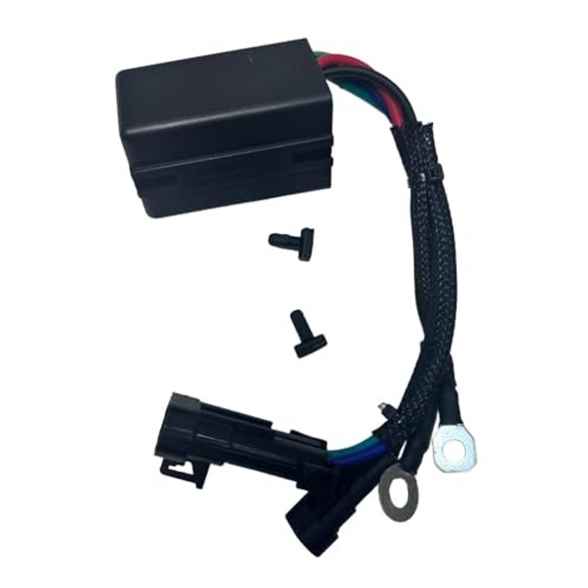 Tilt trim relay wiring harness with black module, ring terminals, and connector ends