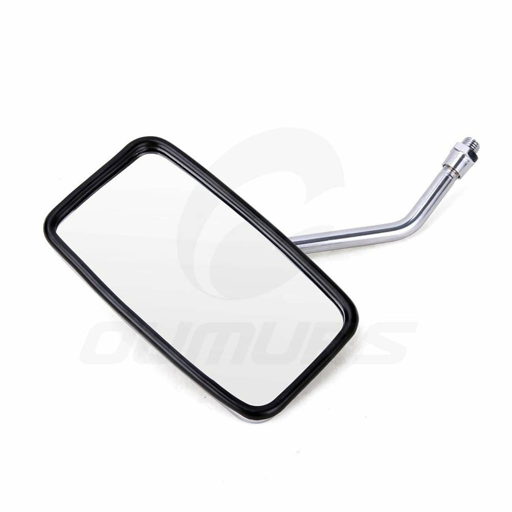 Single square rearview mirror with black frame and chrome support arm