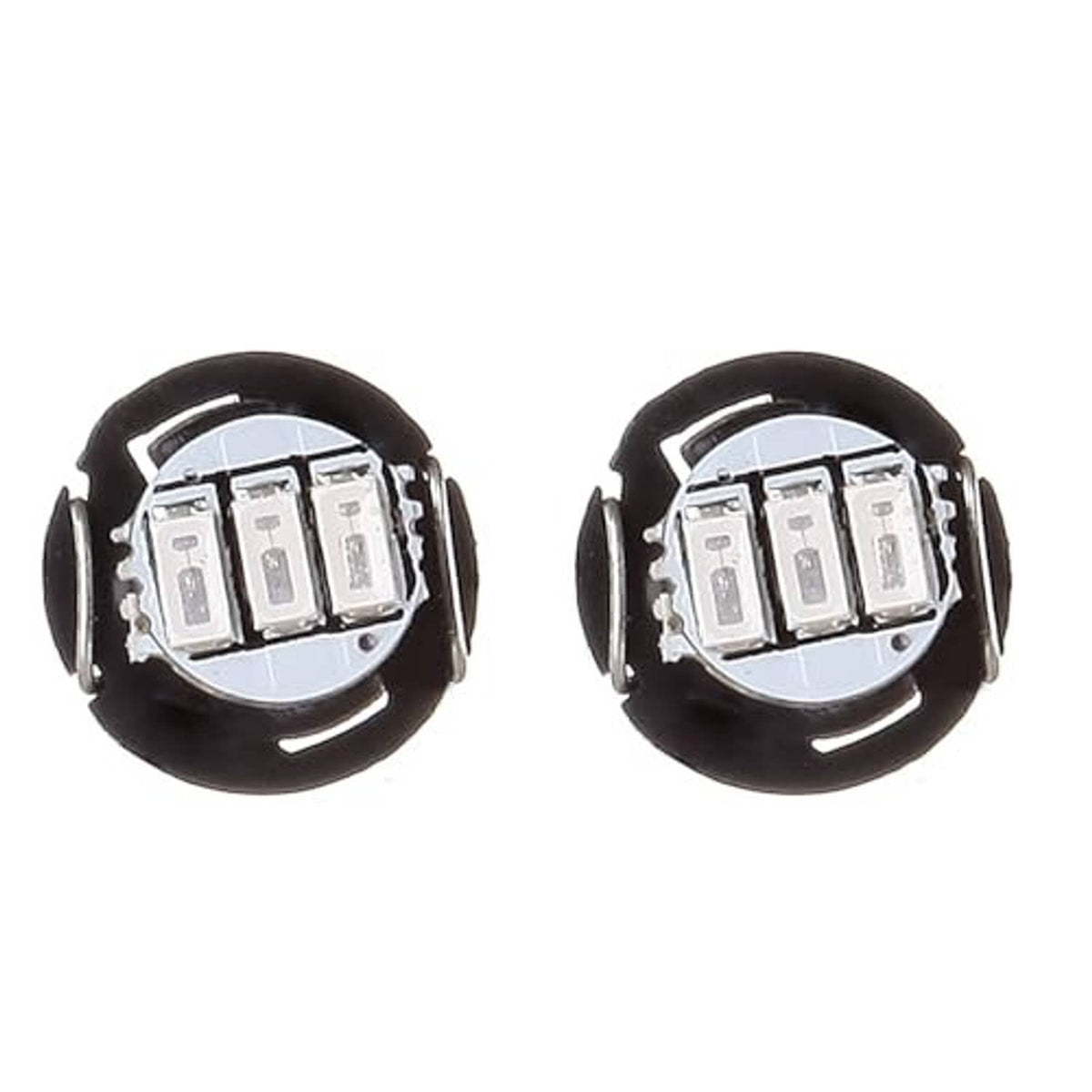 LED wedge light bulbs with black housing and multi-LED chip, close front view, pair