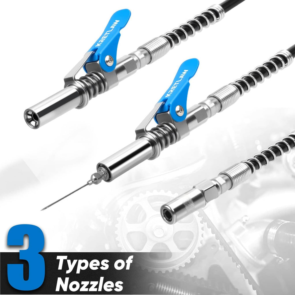 Chrome and blue grease gun nozzle set with extension rods and coiled springs