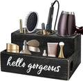 Countertop hair tool organizer with black wood box holds brushes, dryer, tools