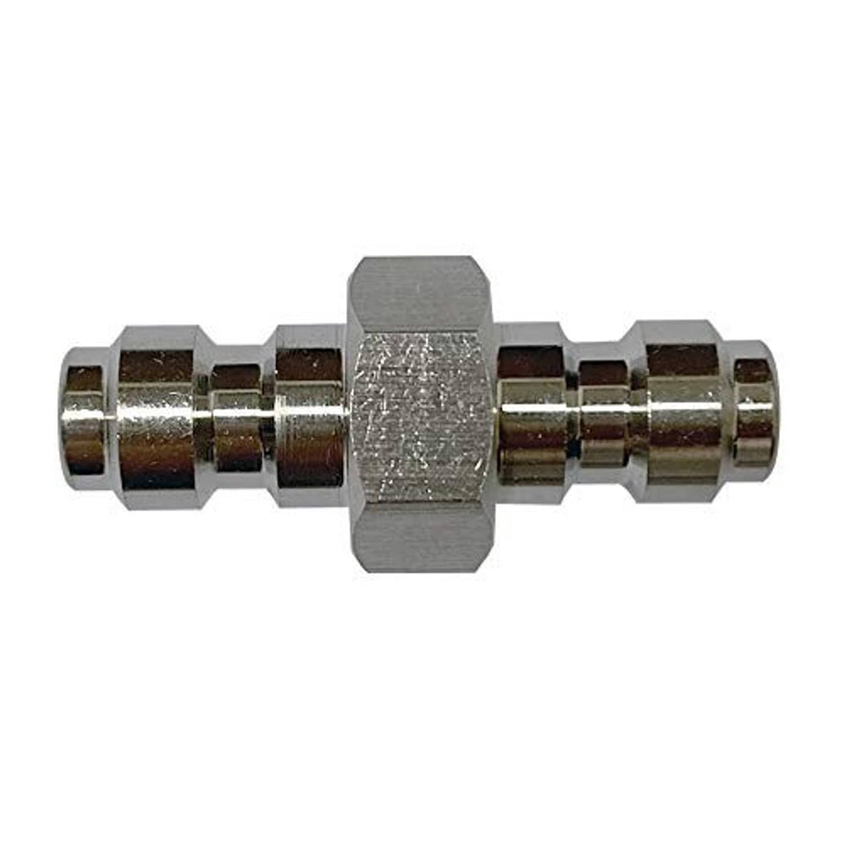 Stainless steel quick-disconnect coupling adapter with hex center and threaded ends