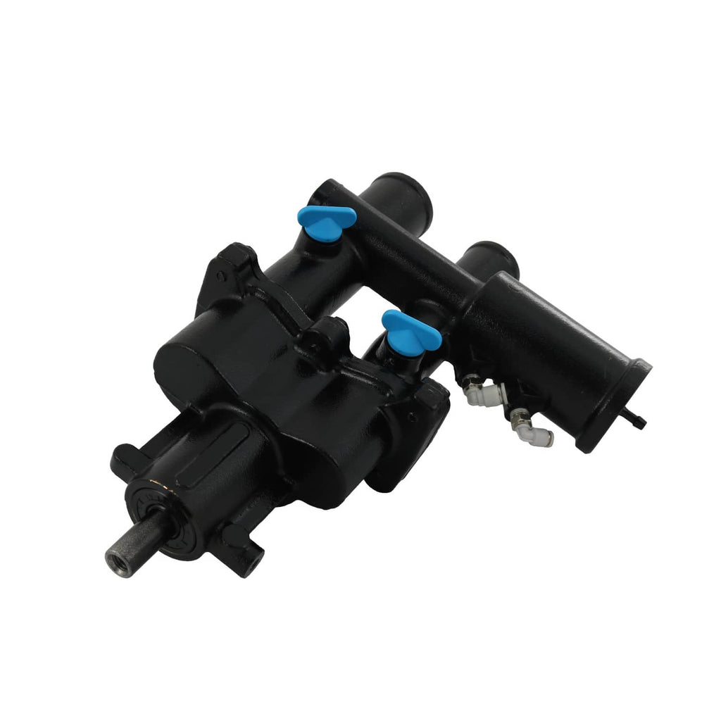 Black sea water pump assembly with blue service tabs and metal outlet connections