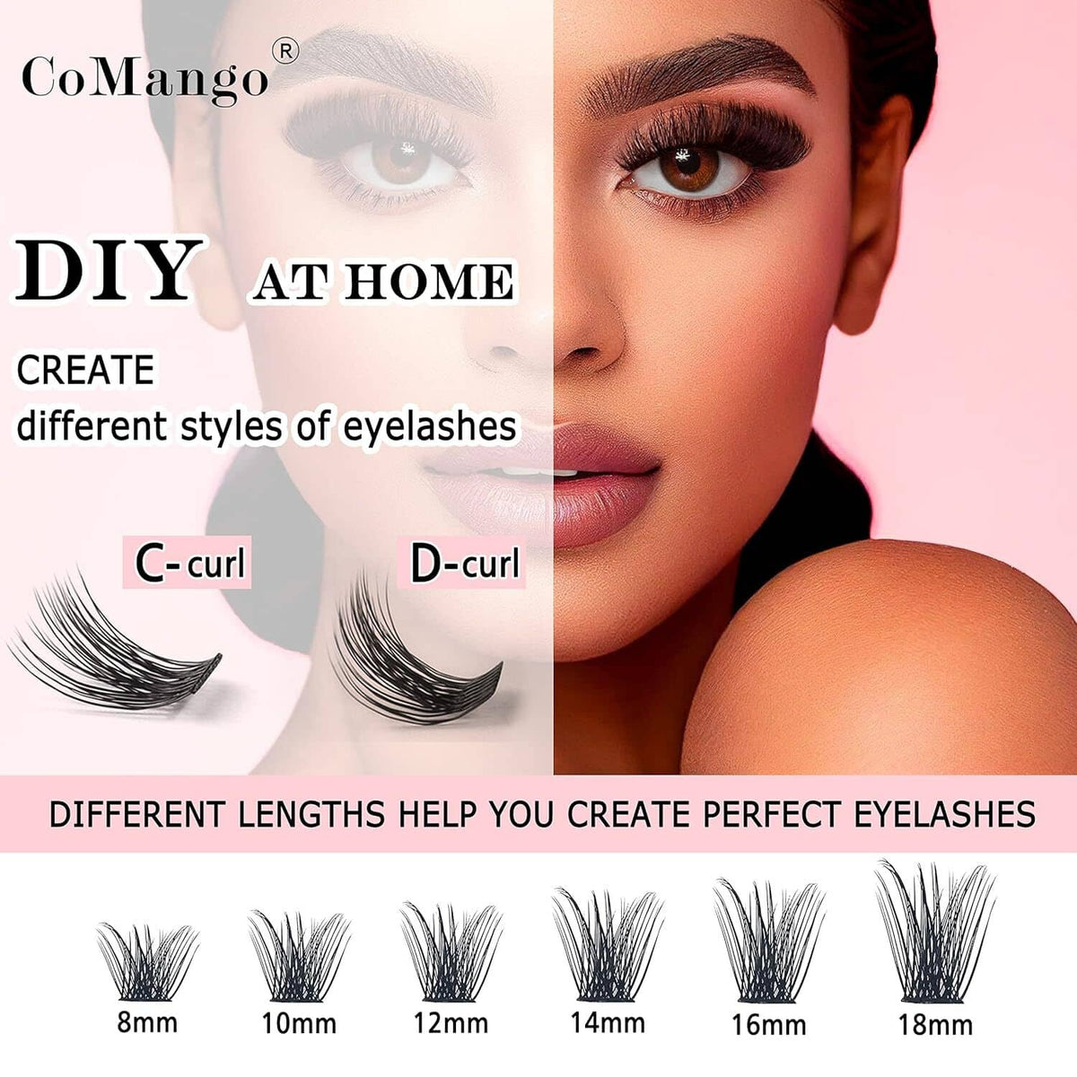 DIY at home eyelash cluster set with C-curl and D-curl lashes, lengths 8–18mm