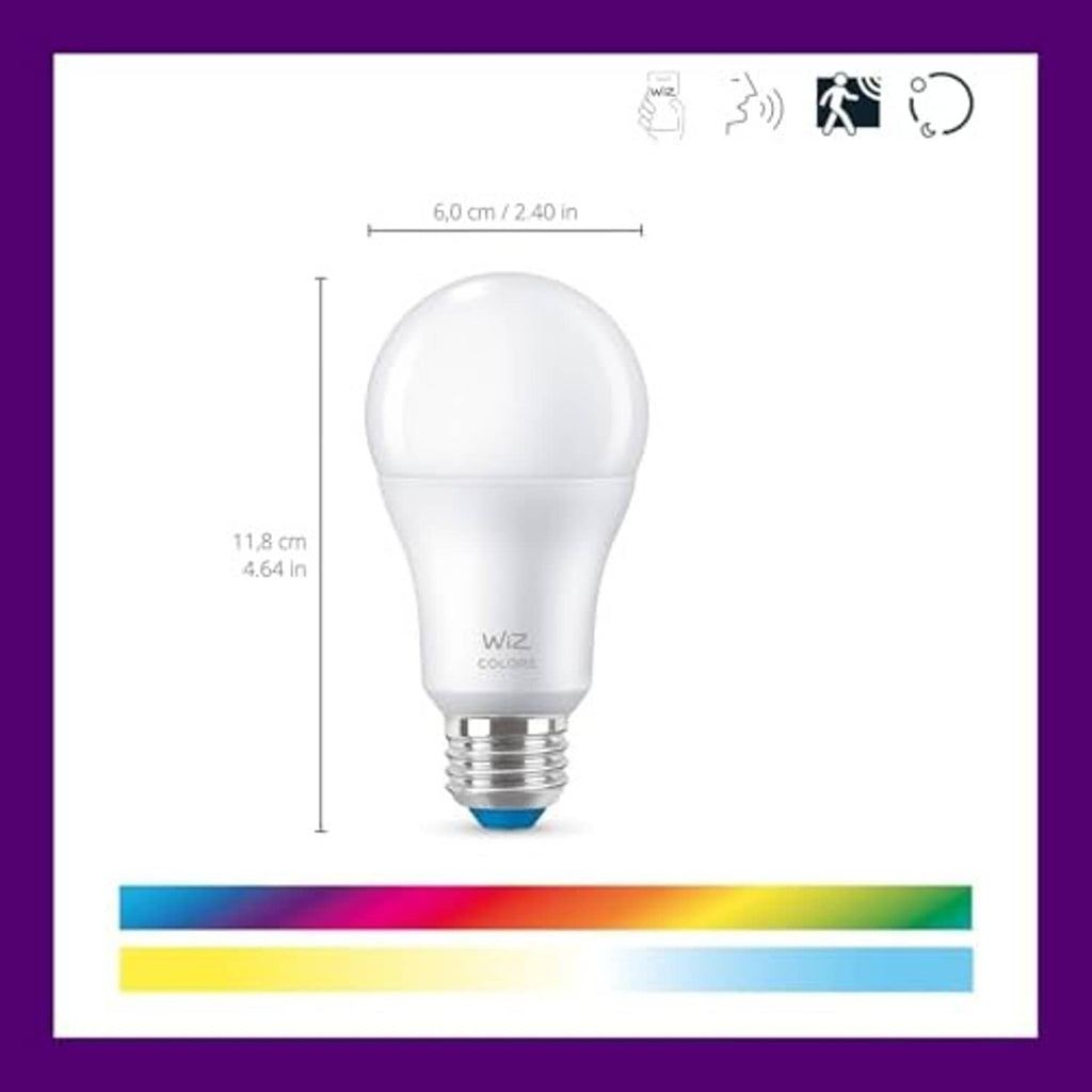 WiZ color smart bulb with white globe and silver screw base, size diagram