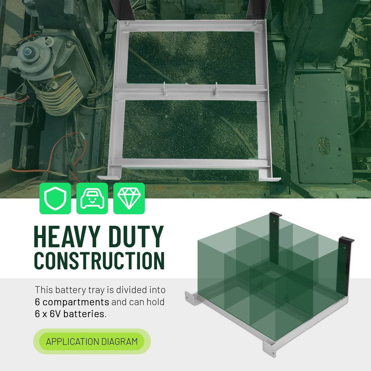Installed aluminum battery tray with two-tier divider and compartment housing