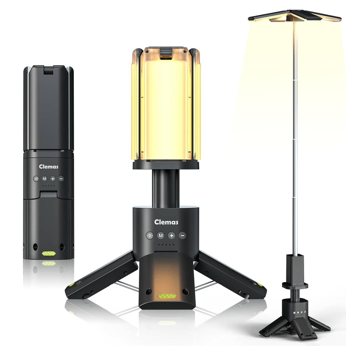 Gray telescopic LED camping light with magnetic tripod base and hanging lamp head