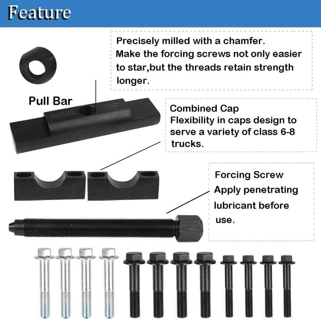 Yoke puller tool set with black pull bar, forcing screw, and hardware bolts