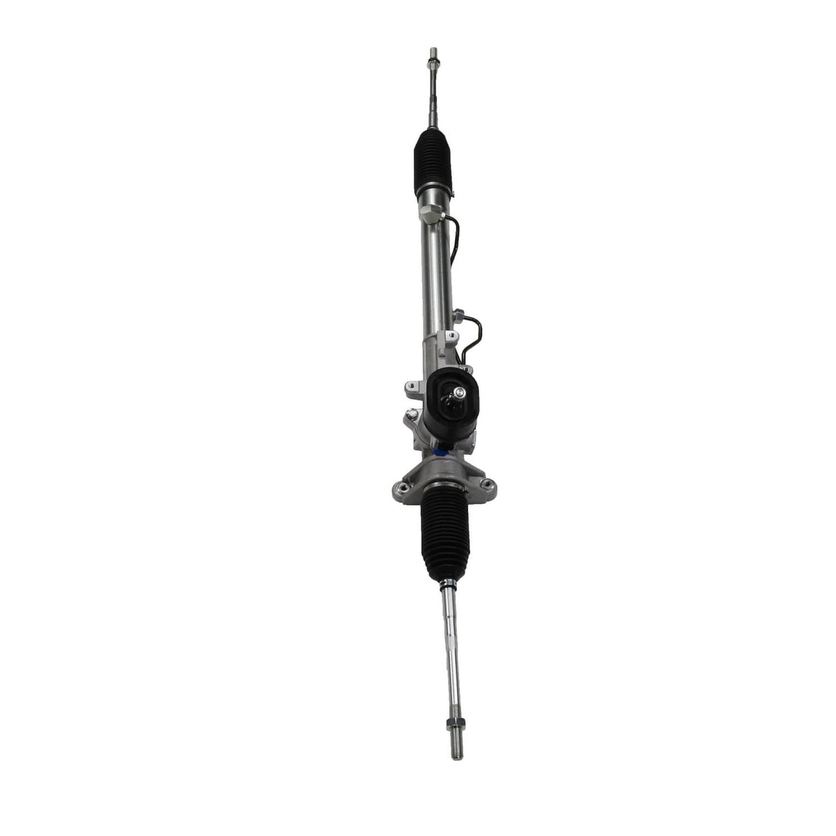 Power steering rack and pinion assembly, vertical view with black boots and silver housing